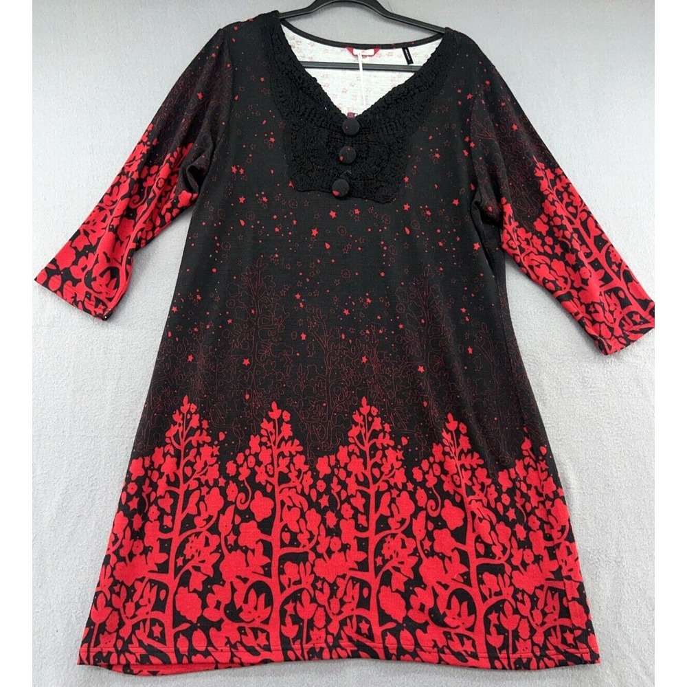 Joe Browns Dress Womens Size 14 Black & Red Floral Trees Medium Sleeve Pullover